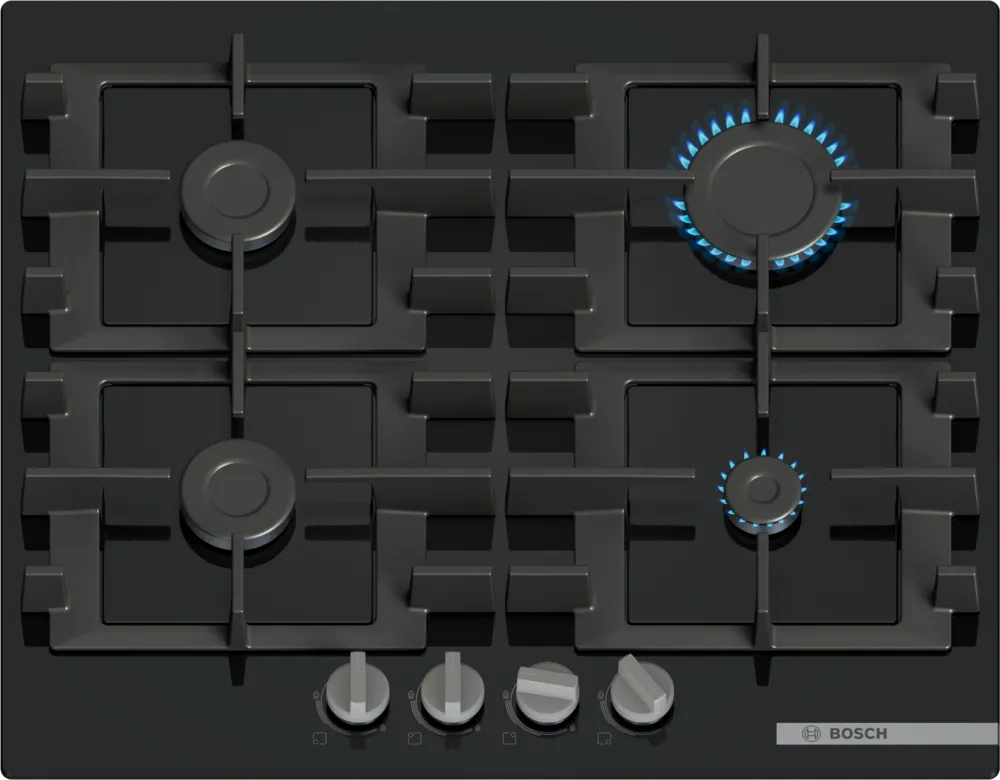 [PNP6B6K40] Bosch Black 4 Ring Gas on Glass Hob