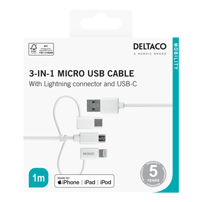 [IPLH441] DeltaCo 1 Metre USB-C to USB/ Micro/ Lightning Charging & Sync Cable | White