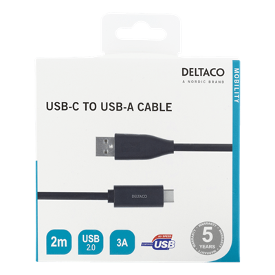 [USBC1006M] DeltaCo 2 Metre USB-C to USB-A Cable | Black
