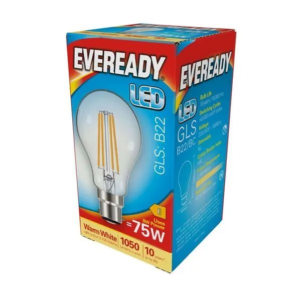 [S15487] Ever Ready 8w (75w) B22 Clear Filament LED Energy Saver GLS Bulb