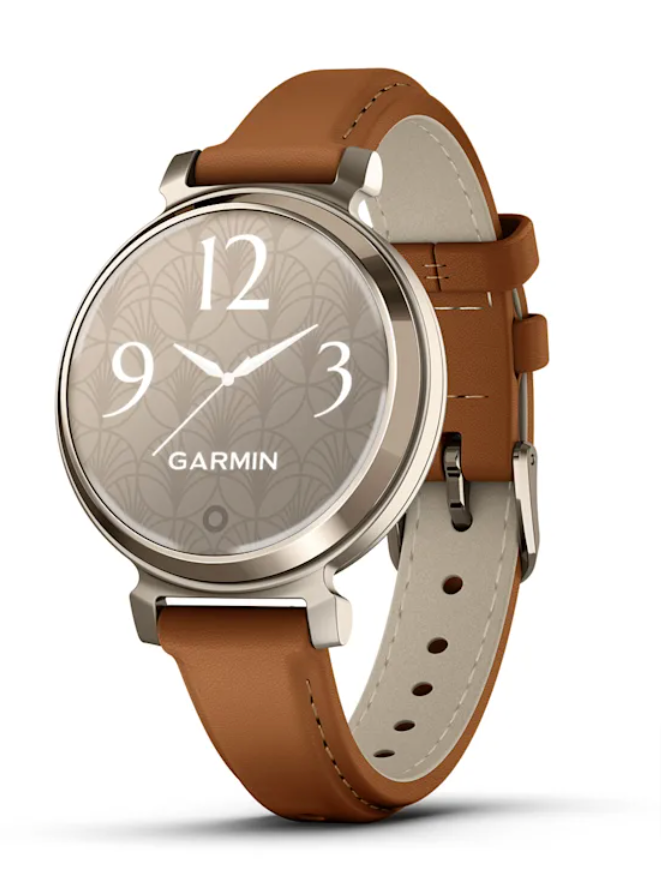 [010-02839-02] Garmin Lily® 2 Classic Fitness Smartwatch | Cream Gold with Tan Leather Band