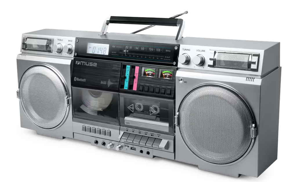 Muse Radio Ghetto Blaster | CD, MP3, Bluetooth, Cassette | Silver