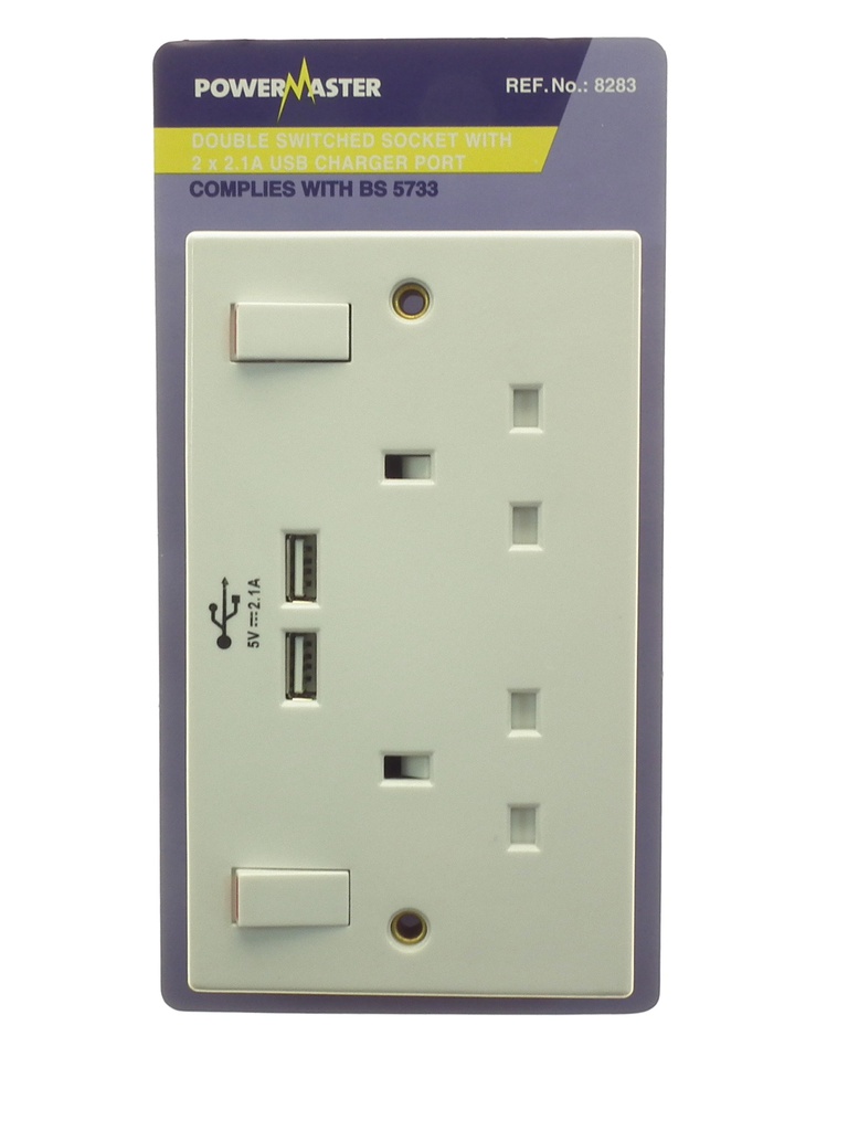 [8283] Powermaster 13Amp Twin Switched Socket + 2 USB Ports