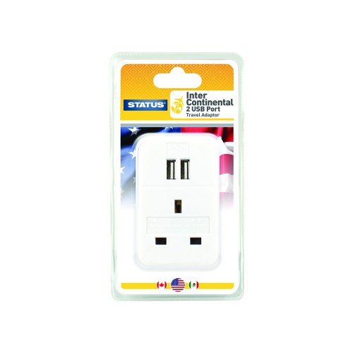 [S2USBPINTER] Status Travel Adaptor & 2 USB | Ire to USA (2Pin Flat-13A)
