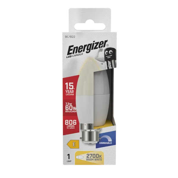 Energizer 7.3w (60w) B22 LED Energy Saver Candle Bulb | Dimmable